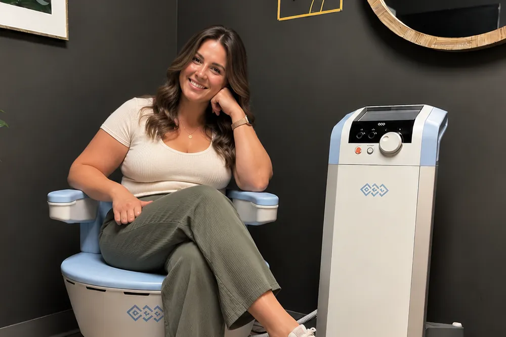 A woman seated on the Emsella chair beside its control unit at PEAK